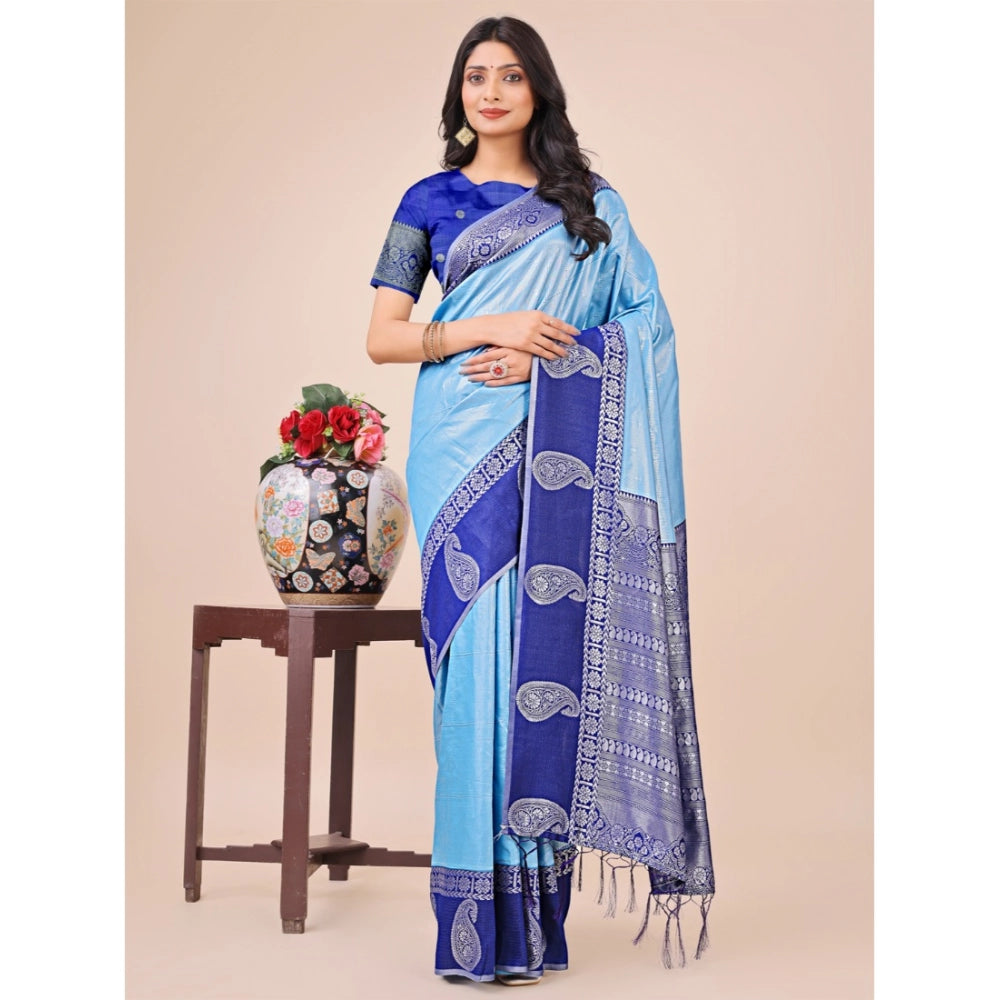Sky blue lichi silk printed saree with unstitched blouse, luxurious eastern wear for women on display