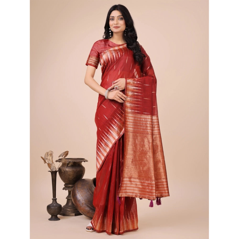 Red linen-cotton printed saree with unstitched blouse (5.5mtr), traditional Indian fashion wear on display
