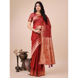 Red linen-cotton printed saree with unstitched blouse (5.5mtr), traditional Indian fashion wear on display
