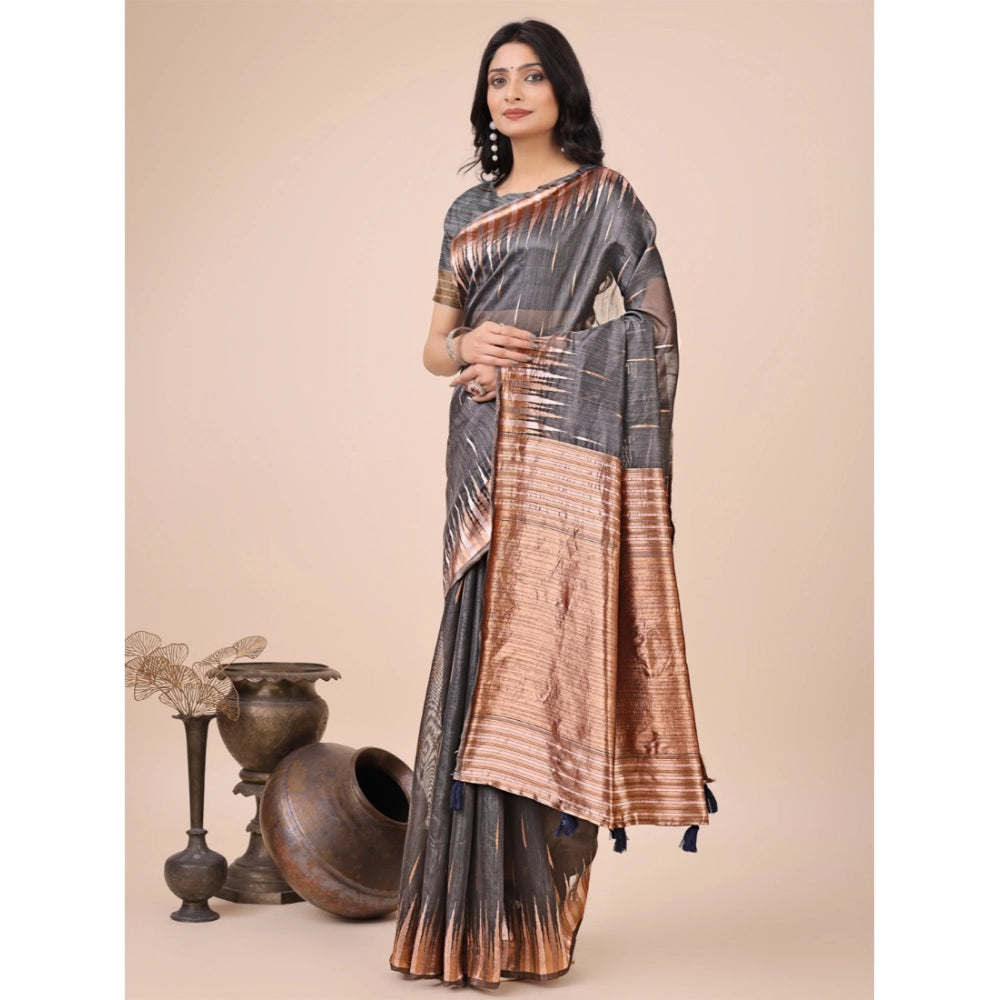 Gray linen-cotton printed saree with unstitched blouse (5.5mtr)