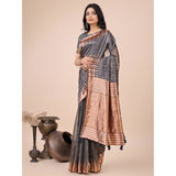 Gray linen-cotton printed saree with unstitched blouse (5.5mtr)