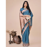 Blue linen-cotton printed saree with unstitched blouse, 5.5Mtr (close-up)