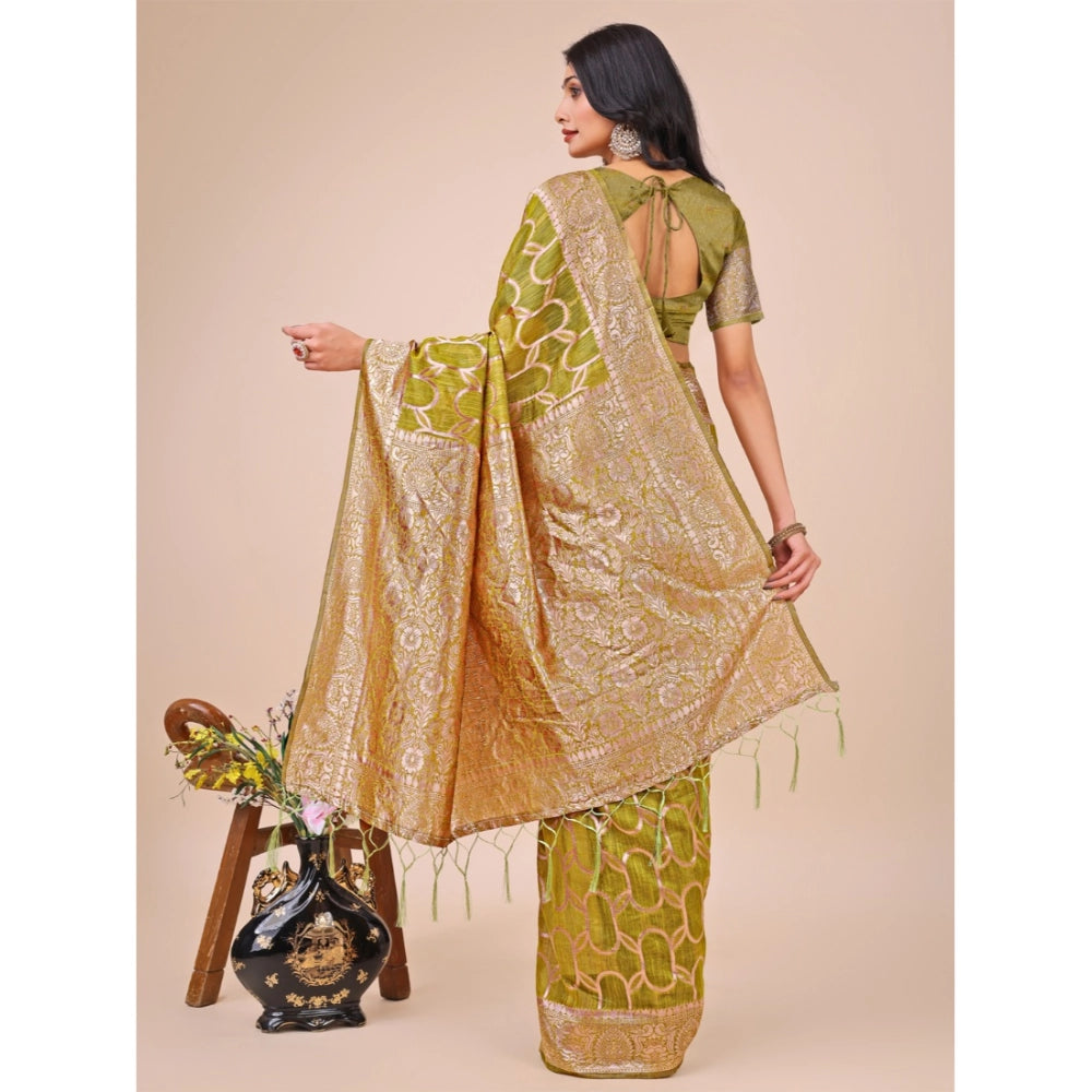 Olive green linen cotton printed saree with unstitched blouse, vibrant pattern for women's fashion