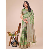 Green linen cotton printed saree with unstitched blouse (5.5mtr), traditional Indian women's wear on display