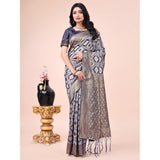 Navy blue cotton printed saree with unstitched blouse, vibrant pattern on display