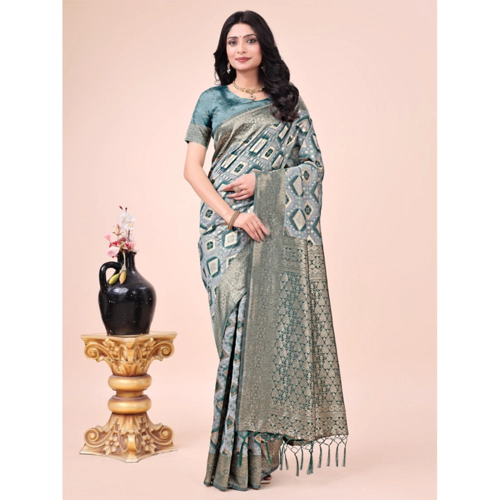 Green cotton printed saree with unstitched blouse (5.5mtr)