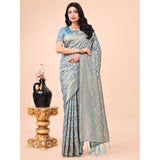 Sky blue cotton printed saree with unstitched blouse, 5.5Mtr length on mannequin