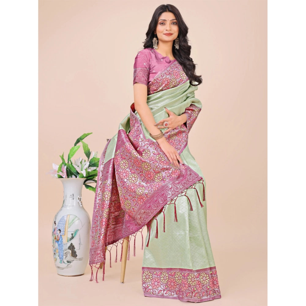 Olive green Lichi silk printed saree with unstitched blouse, 5.5mtr length on mannequin
