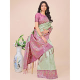 Olive green Lichi silk printed saree with unstitched blouse, 5.5mtr length on mannequin