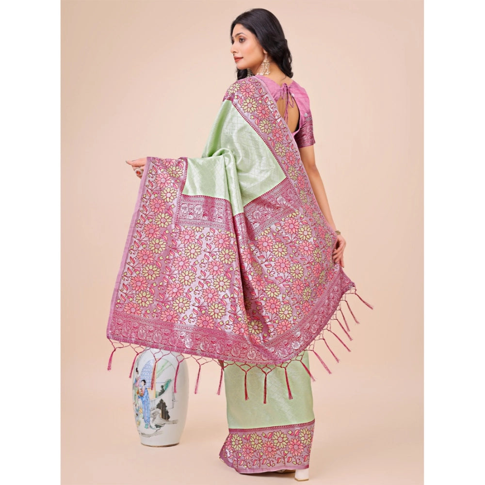 Olive green lichi silk printed saree with unstitched blouse, 5.5mtr length