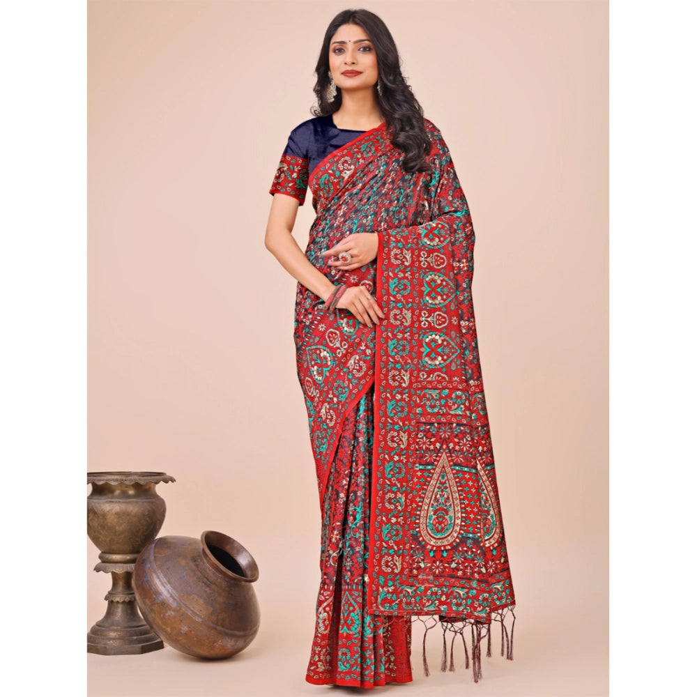 Red cotton printed saree with unstitched blouse (5.5Mtr), traditional Indian wear for women on mannequin