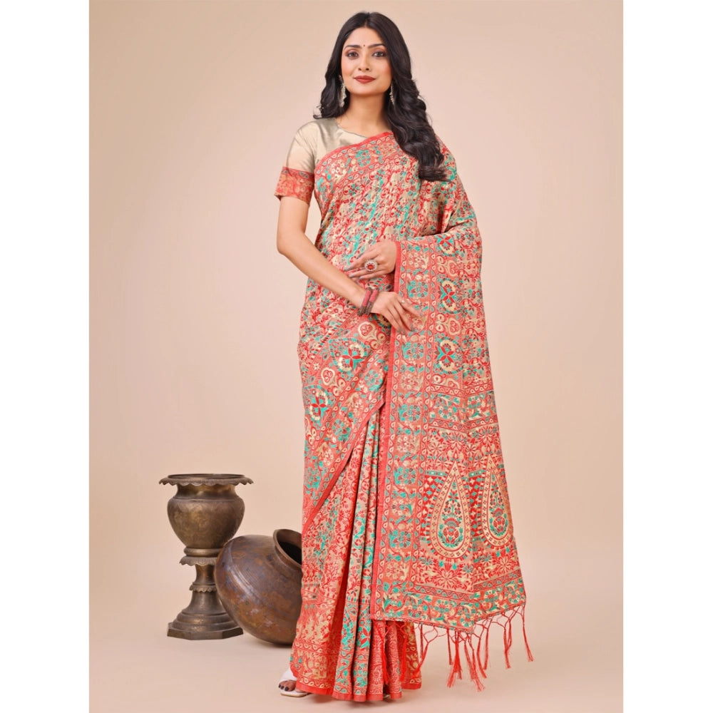 Cream cotton printed saree with unstitched blouse, 5.5Mtr, traditional Indian women's wear on mannequin