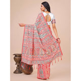 White cotton printed saree with unstitched blouse (5.5mtr) on model