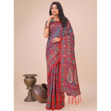 Women's pink cotton printed saree with unstitched blouse, vibrant floral pattern on display rack