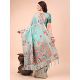 Sky blue linen cotton printed saree with unstitched blouse, 5.5mtr, vibrant traditional Indian attire