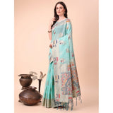 Sky blue linen cotton printed saree with unstitched blouse, 5.5mtr