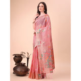 Women's pink linen cotton printed saree with unstitched blouse, vibrant pattern on 5.5Mtr length