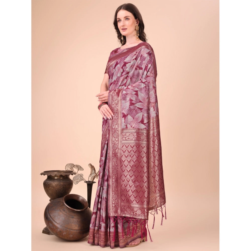 Magenta cotton printed saree with unstitched blouse, vibrant Indian women's wear for traditional events