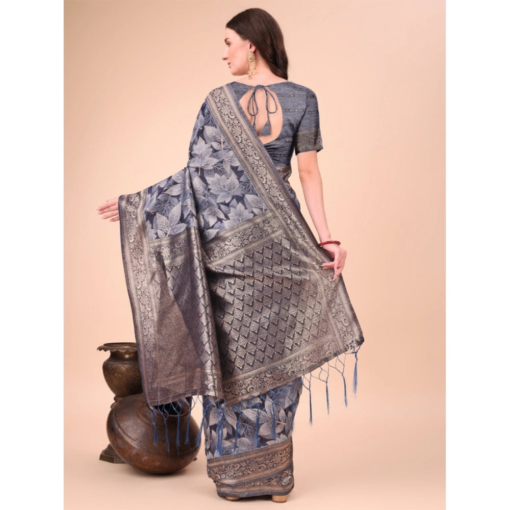 Navy blue cotton printed saree with unstitched blouse (5.5mtr), traditional Indian women's fashion accessory
