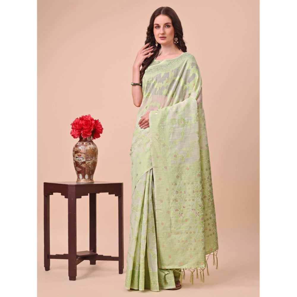 Light green cotton printed saree with unstitched blouse, vibrant floral patterns for Indian women's traditional wear