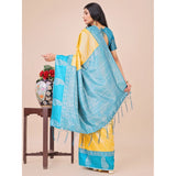 Yellow lichi silk printed saree with unstitched blouse (5.5Mtr), traditional Indian fashion accessory