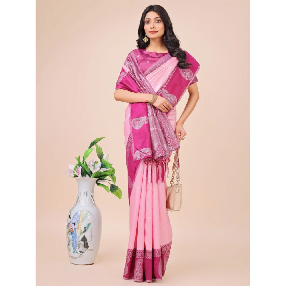 Light pink Lichi silk printed saree with unstitched blouse, 5.5Mtr for Indian women's fashion