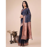 Navy blue linen-cotton printed saree with unstitched blouse, 5.5mtr length
