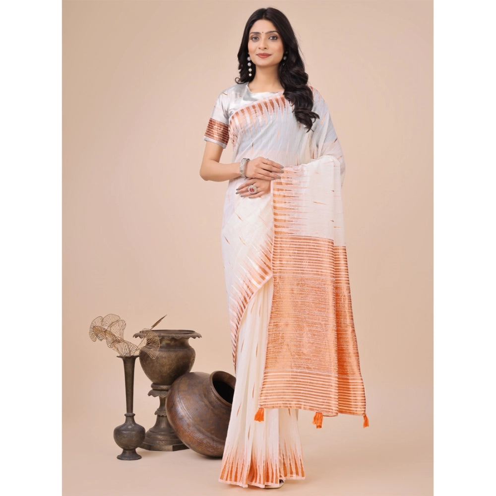 White linen cotton printed saree with unstitched blouse (5.5Mtr)