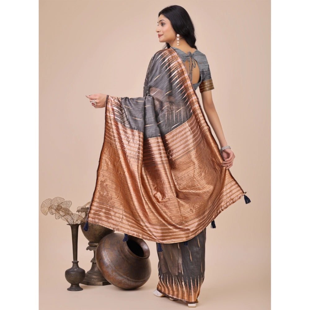 Grey linen cotton printed saree with unstitched blouse (5.5Mtr), versatile traditional Indian wear for women