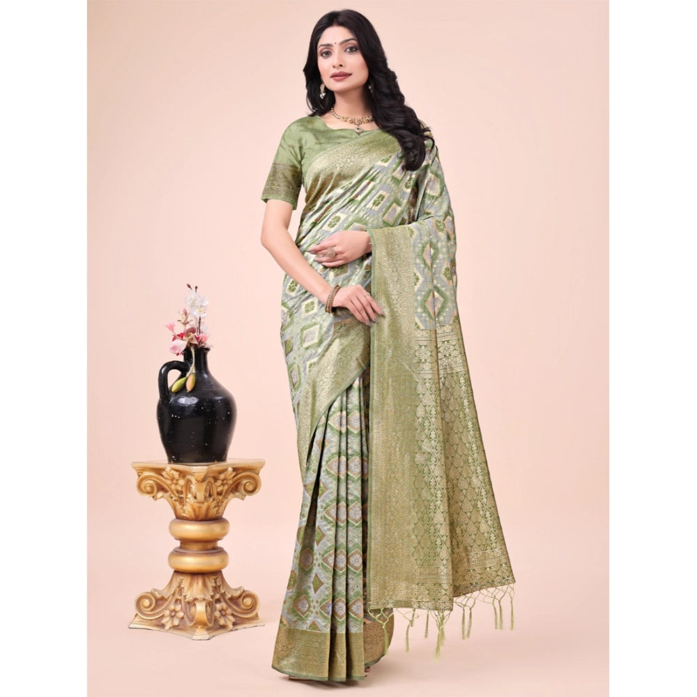 Mhendi Green cotton printed saree with unstitched blouse, vibrant Indian traditional wear on mannequin