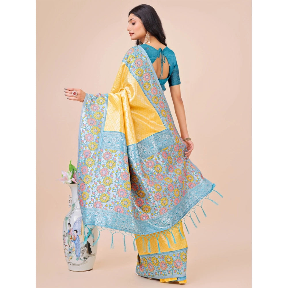 Yellow lichi silk printed saree with unstitched blouse, vibrant silken attire for traditional wear