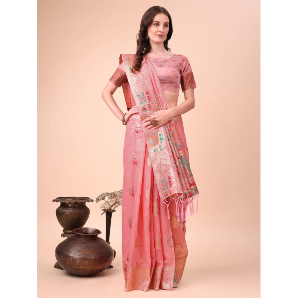 Linen cotton printed saree with unstitched blouse (pink), 5.5Mtr - traditional Indian attire for women