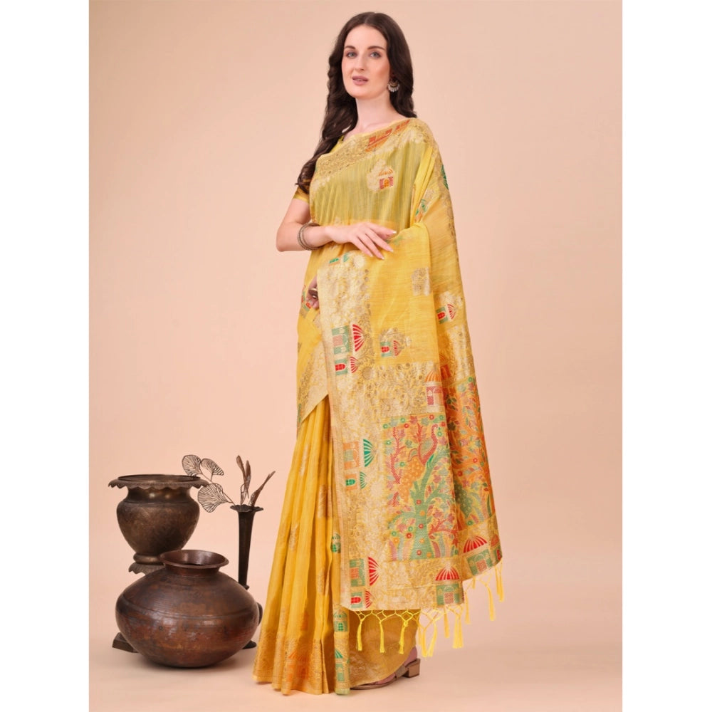 Yellow linen-cotton printed saree with unstitched blouse, 5.5mtr