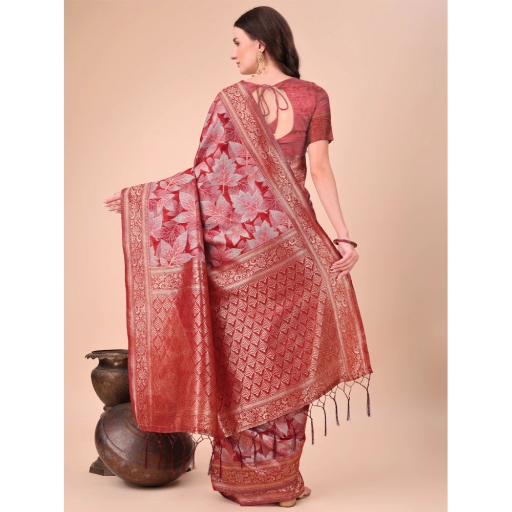 Red cotton printed saree with unstitched blouse (5.5mtr)