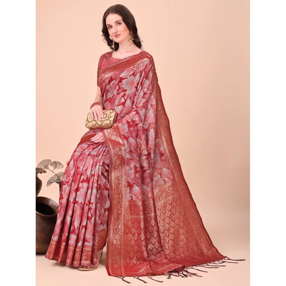 Red cotton printed saree with unstitched blouse, vibrant Indian fashion for women on mannequin