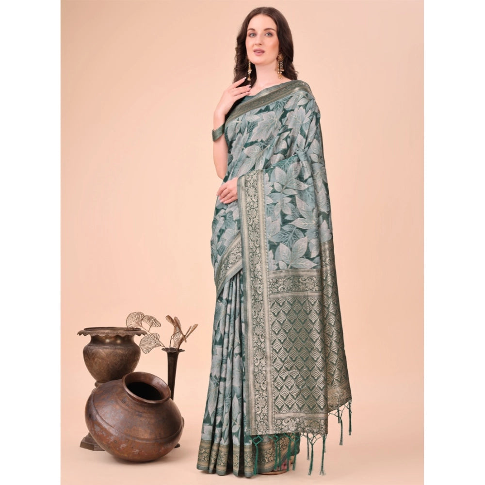 Green cotton printed saree with unstitched blouse (5.5Mtr)