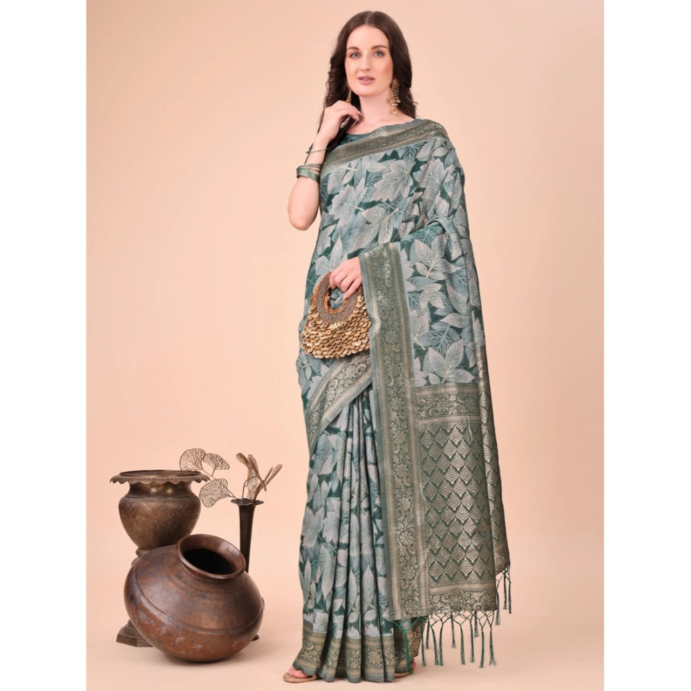 Green cotton printed saree with unstitched blouse (5.5Mtr)