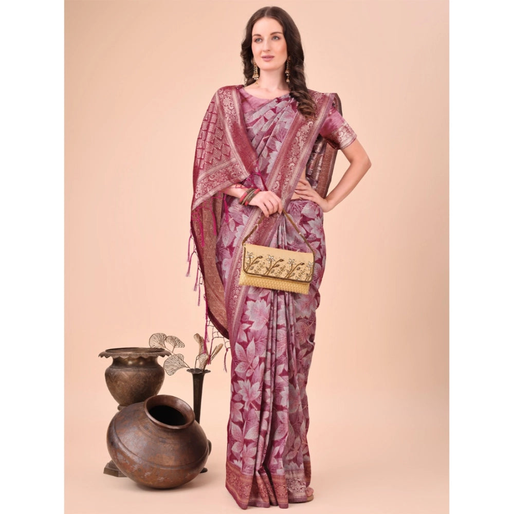 Magenta cotton printed saree with unstitched blouse (5.5mtr), traditional Indian attire for women