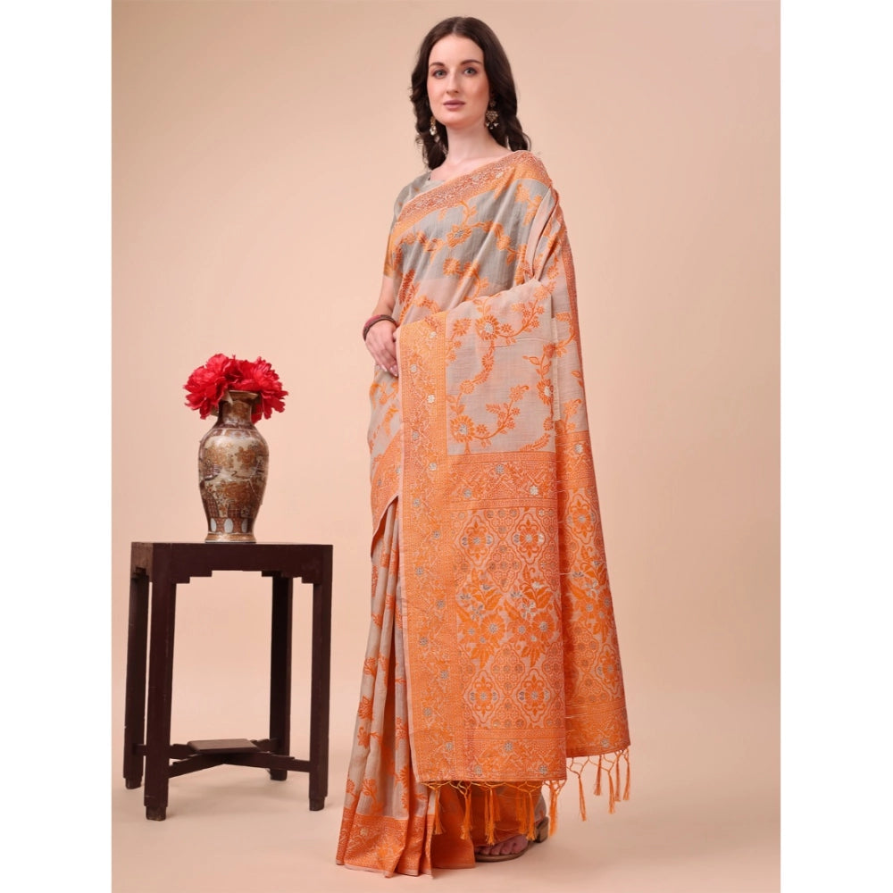 Orange cotton printed saree with unstitched blouse (5.5Mtr), vibrant ethnic wear for women