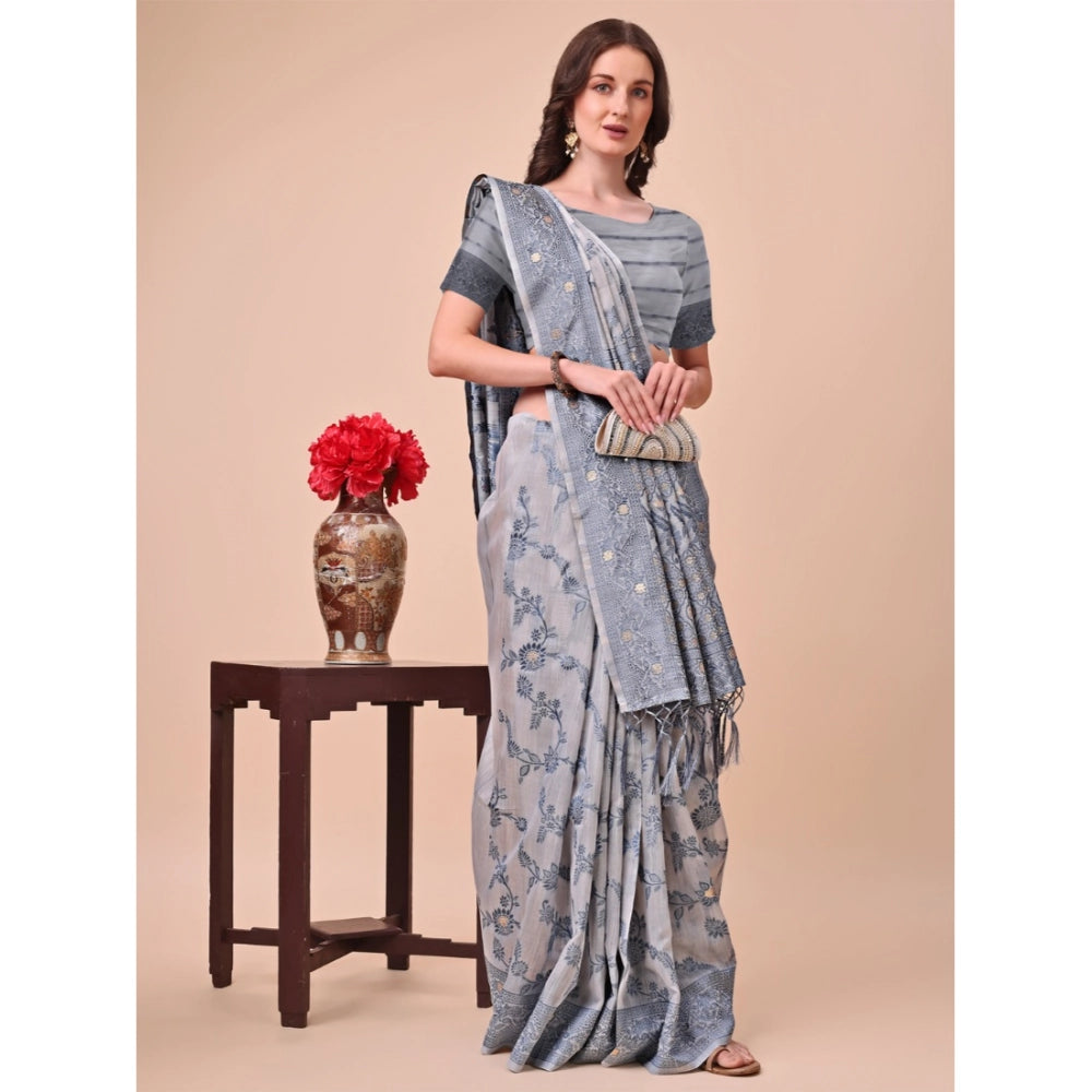Grey cotton printed saree with unstitched blouse (5.5mtr) on hanger
