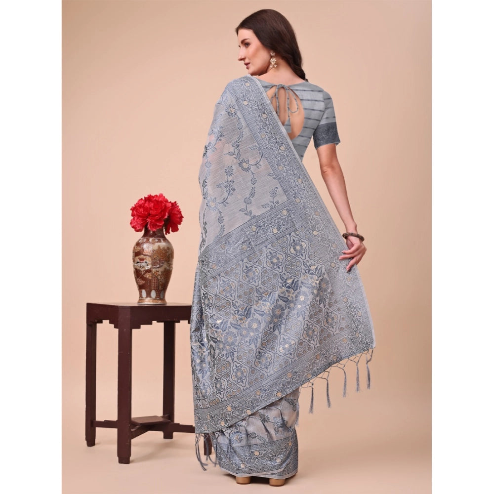 Grey cotton printed saree with unstitched blouse (5.5mtr), traditional Indian wear for women