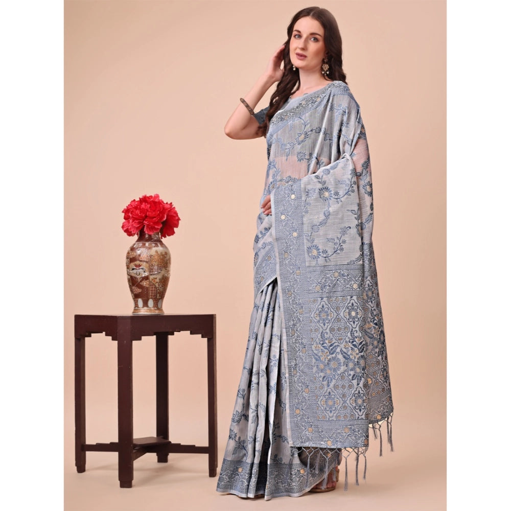 Grey cotton printed saree with unstitched blouse, vibrant design for Indian women's traditional wear