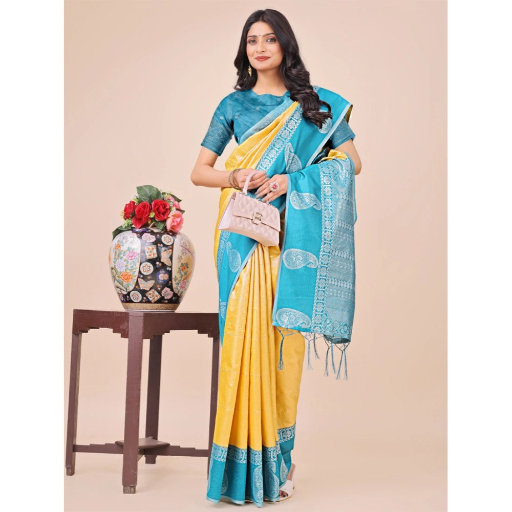 Yellow lichi silk printed saree with unstitched blouse (5.5mtr)