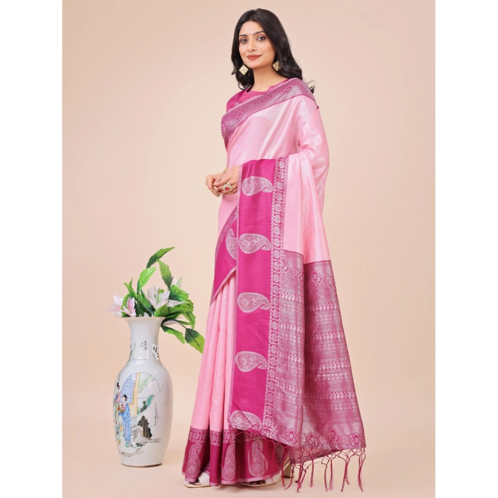 Light Pink Lichi Silk printed saree with unstitched blouse, 5.5Mtr length on mannequin