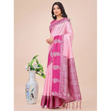 Light Pink Lichi Silk printed saree with unstitched blouse, 5.5Mtr length on mannequin