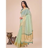 Olive green organza printed saree with unstitched blouse (5.5mtr) on model, vibrant floral design
