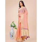 Light Pink organza printed saree with unstitched blouse, showcasing intricate patterns on a display stand