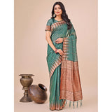 Green linen-cotton printed saree with unstitched blouse, 5.5mtr