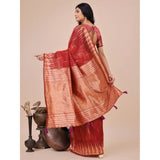 Red linen-cotton printed saree with unstitched blouse (5.5Mtr), vibrant Indian traditional wear