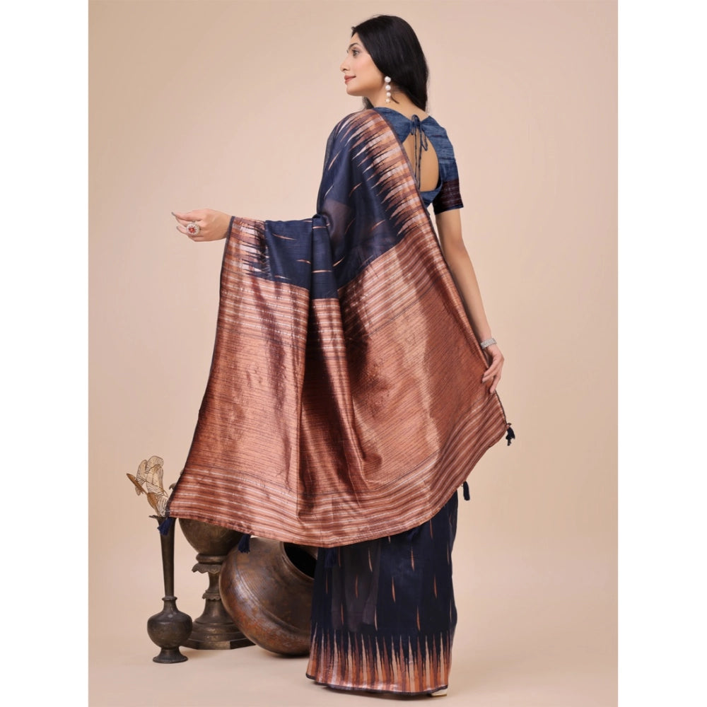 Navy blue linen-cotton printed saree with unstitched blouse, vibrant design on display